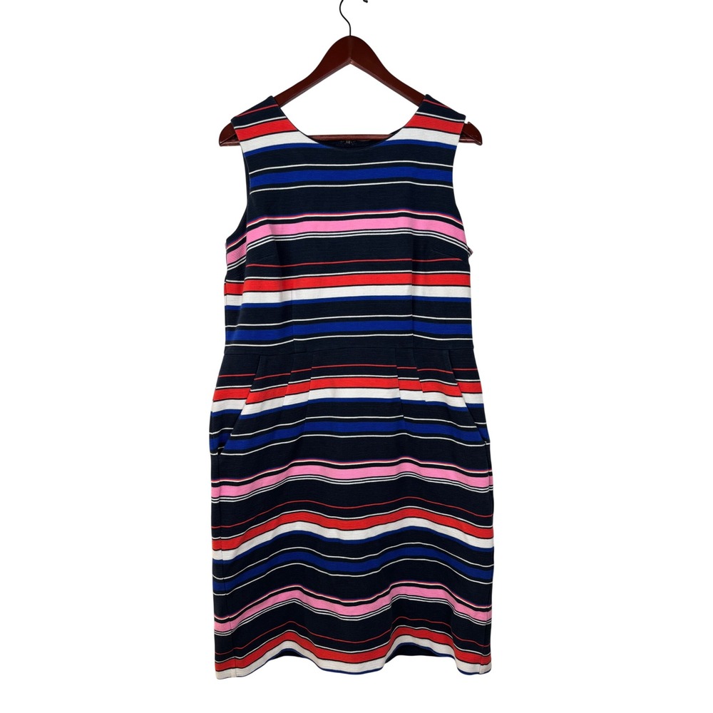 Lands End Dress 16 Sleeveless Sheath Navy Red Stripe Ottoman Knit Pockets